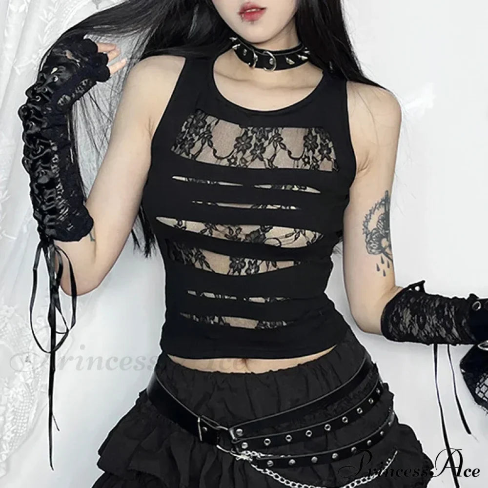 Black Cutout Punk Gothic Lace Spliced Fitted Crop Top