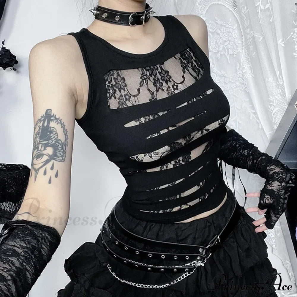 Black Cutout Punk Gothic Lace Spliced Fitted Crop Top