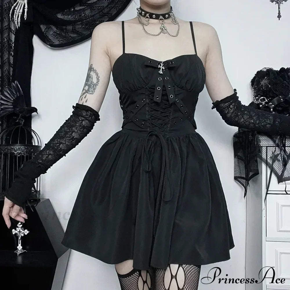 Dark Gothic Spaghetti Strap Elegant Grunge Ruched Bandage Punk Steampunk Dress