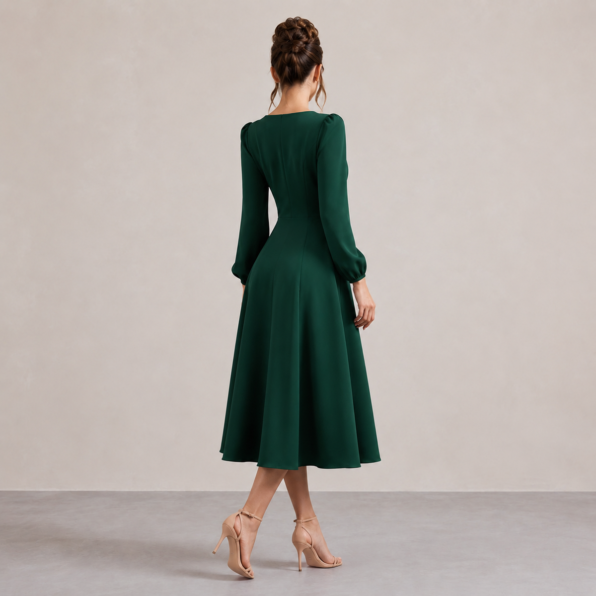 Sweetheart Neck Long Puff Sleeve Fit and Flare Midi Dress 9