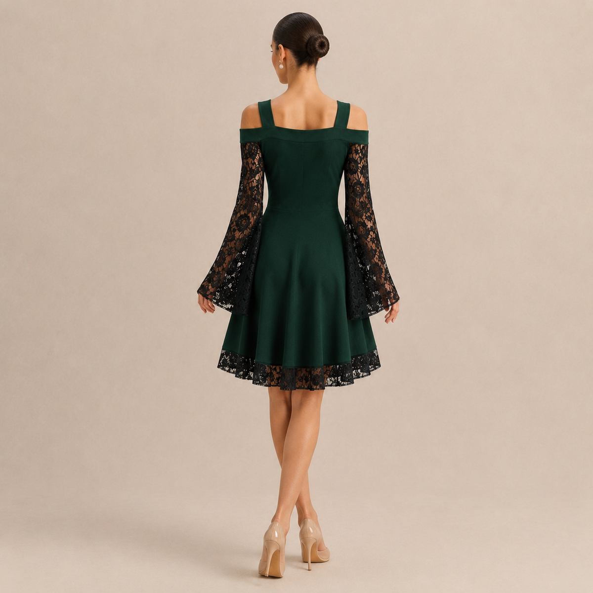 Cold Shoulder Lace Bell Sleeve Lace Up Fit and Flare Dress 9