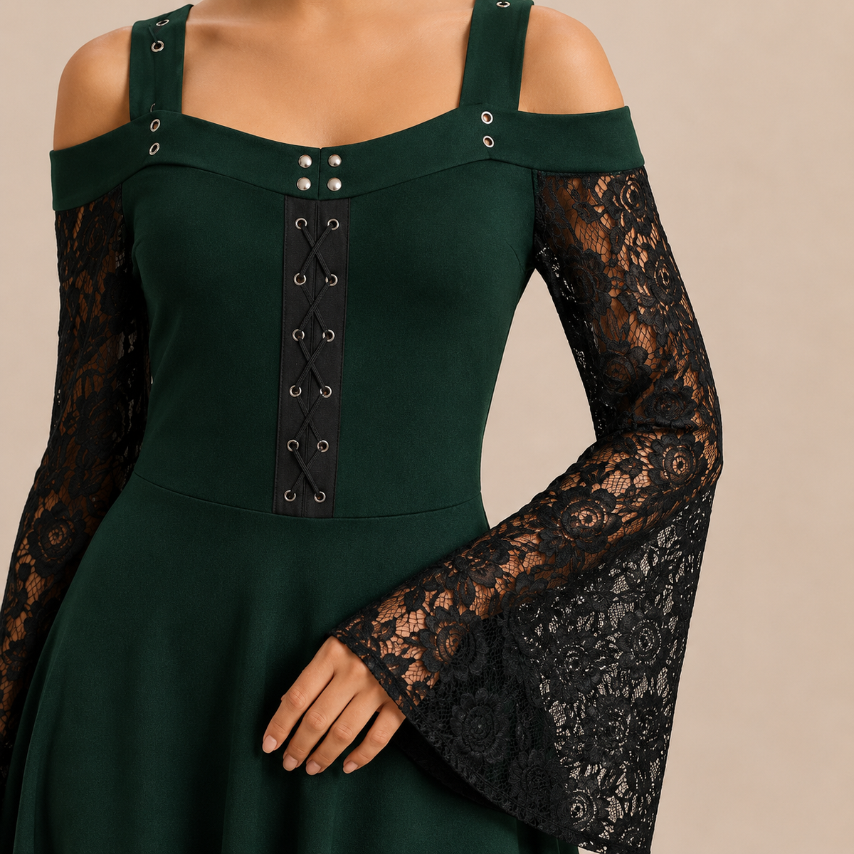 Cold Shoulder Lace Bell Sleeve Lace Up Fit and Flare Dress 8