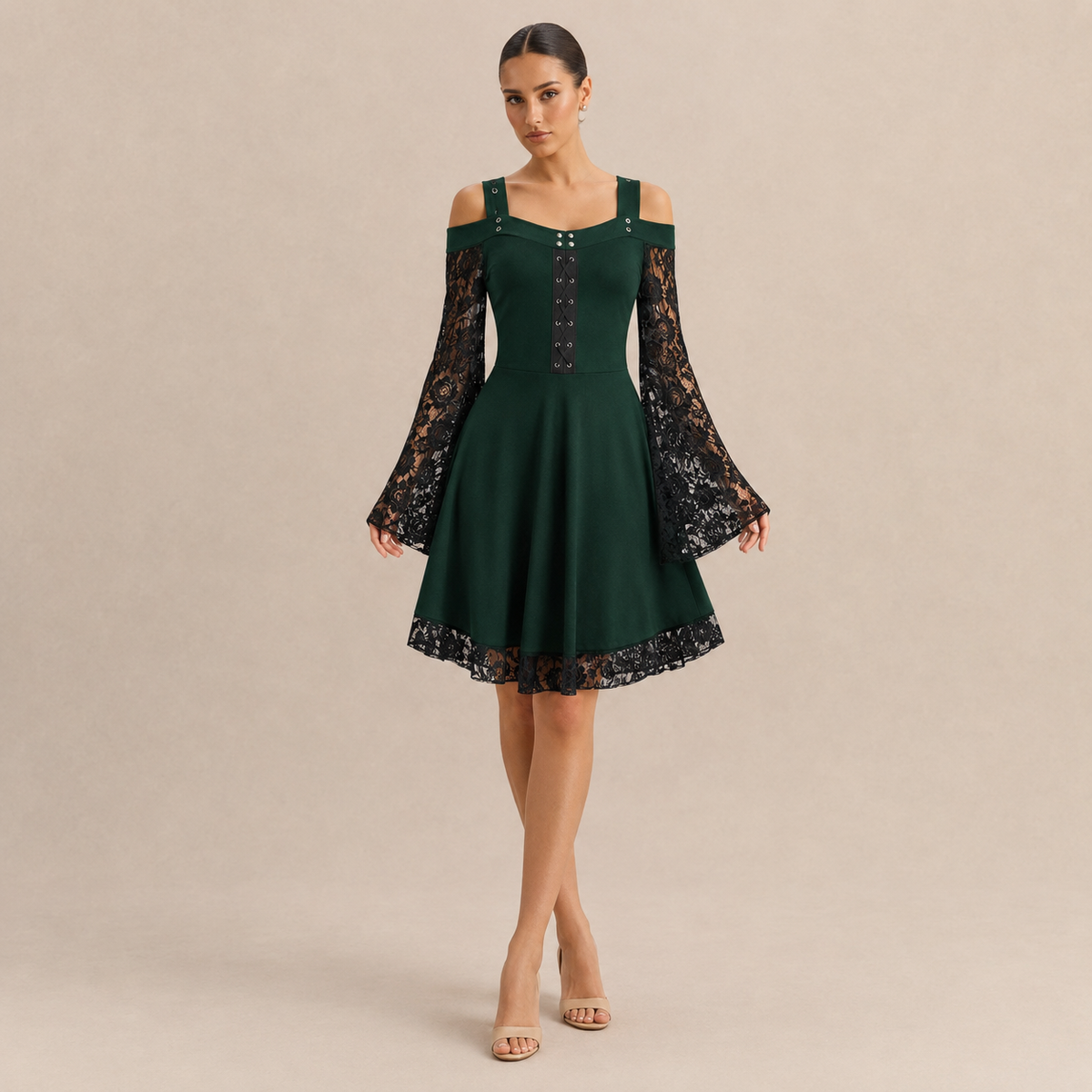 Cold Shoulder Lace Bell Sleeve Lace Up Fit and Flare Dress 7