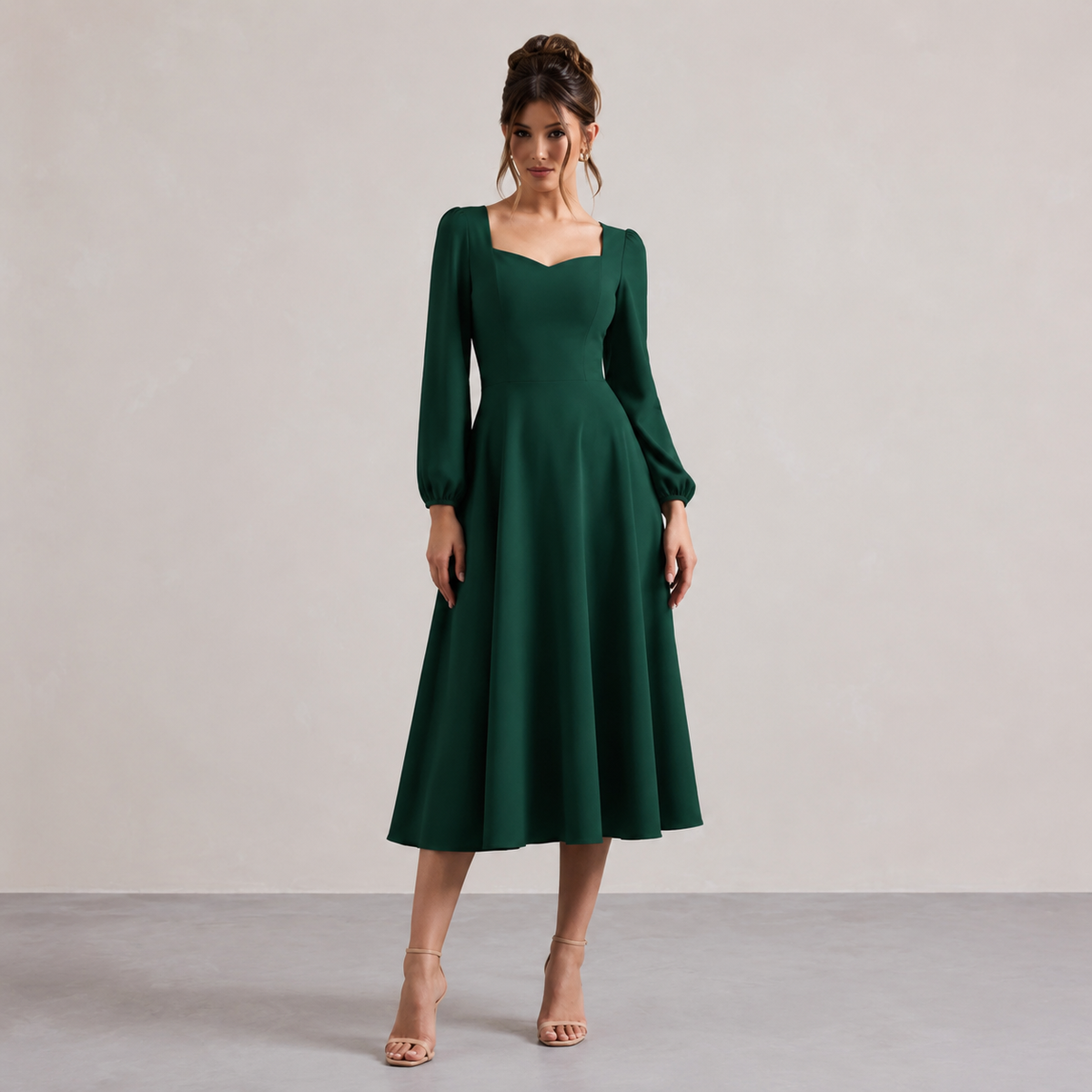 Sweetheart Neck Long Puff Sleeve Fit and Flare Midi Dress 7