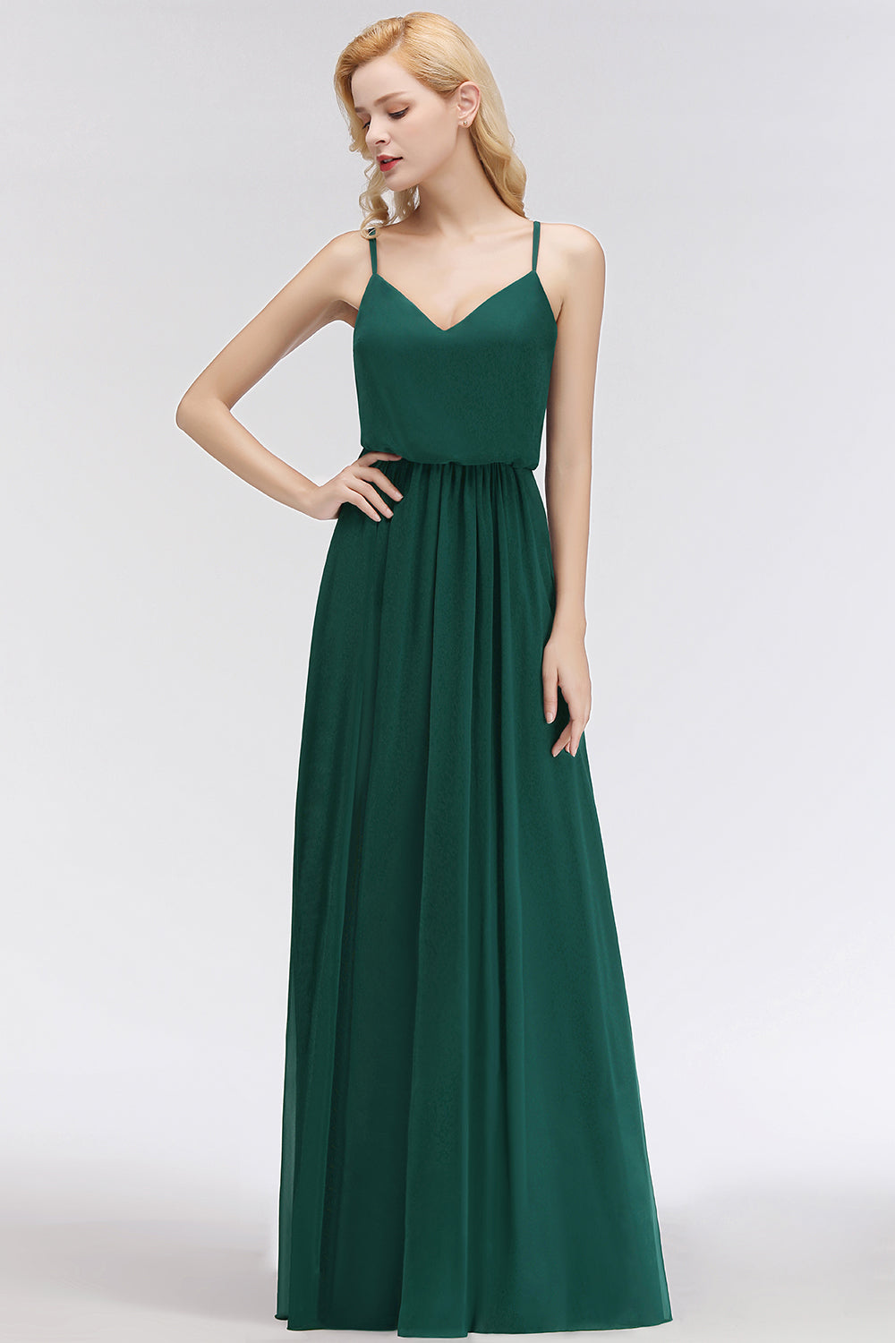 Dark Green Chiffon Spaghetti-Straps Modest Bridesmaid Dresses - Fashionpara