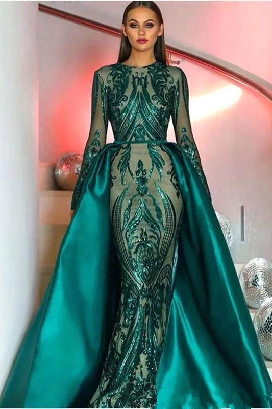 Dark Green Long Sleeves Mermaid Prom Dress Detachable Skirt Sequins - Fashionpara
