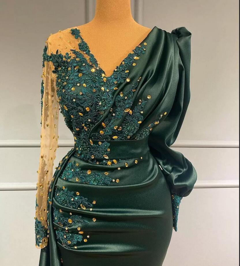 Dark Green Long Sleeves Prom Dress Mermaid With Beadings - Fashionpara