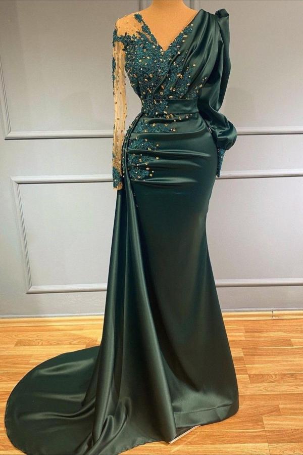 Dark Green Long Sleeves Prom Dress Mermaid With Beadings - Fashionpara
