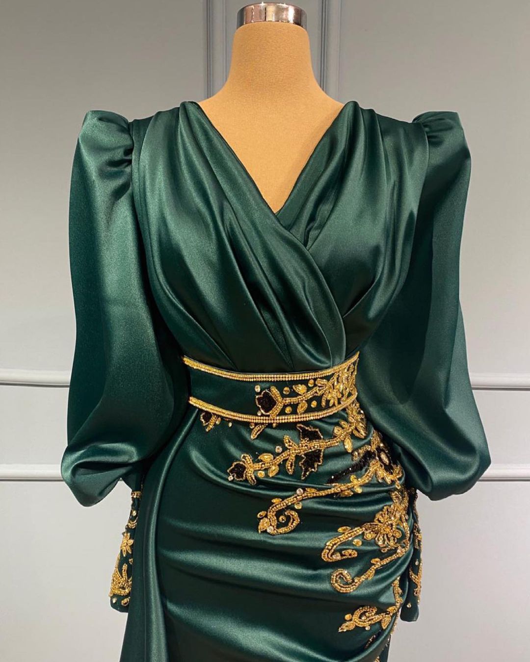 Dark Green Mermaid Prom Dress Long Sleeves With Beadings - Fashionpara