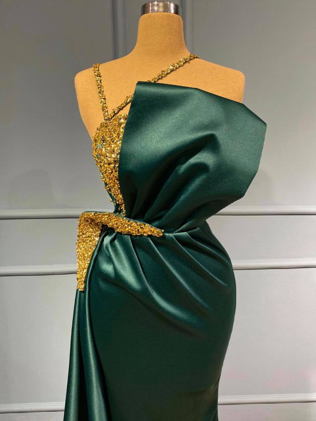 Dark Green Mermaid Prom Dress With Gold Beads - Fashionpara