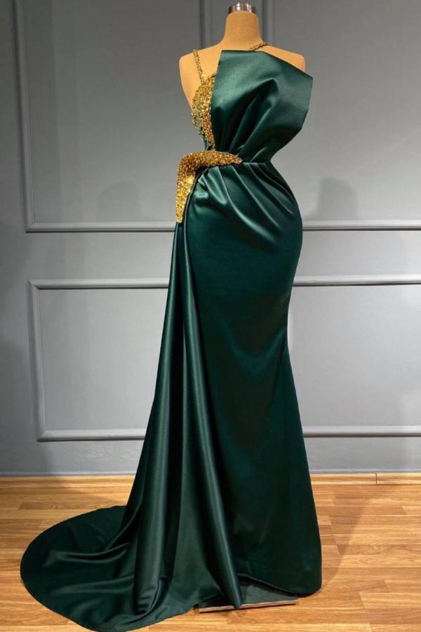 Dark Green Mermaid Prom Dress With Gold Beads - Fashionpara