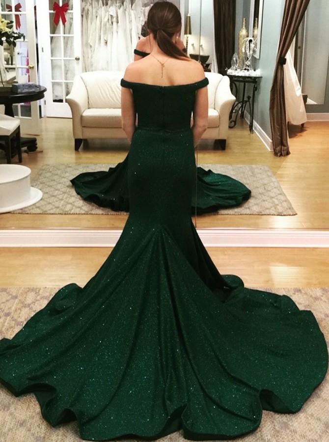 Dark Green Off-the-Shoulder Mermaid Prom Dress Long - Fashionpara