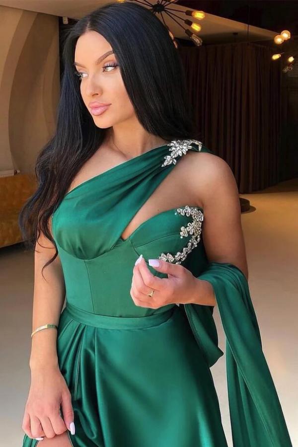 Dark Green One Shoulder Prom Dress Mermaid Long With Slit - Fashionpara