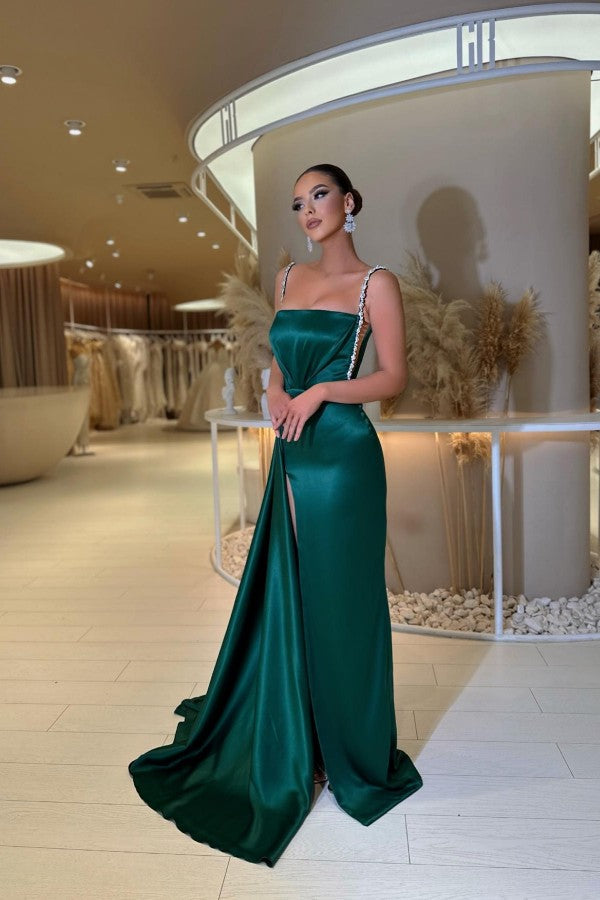 Dark Green Prom Dress Straps Mermaid Long With Slit - Fashionpara