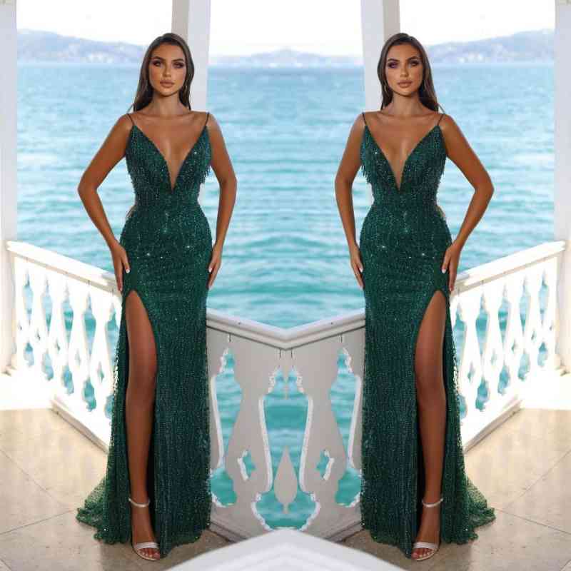 Dark green Sleeveless Prom Dress Mermaid Slit With Sequins Beads - Fashionpara