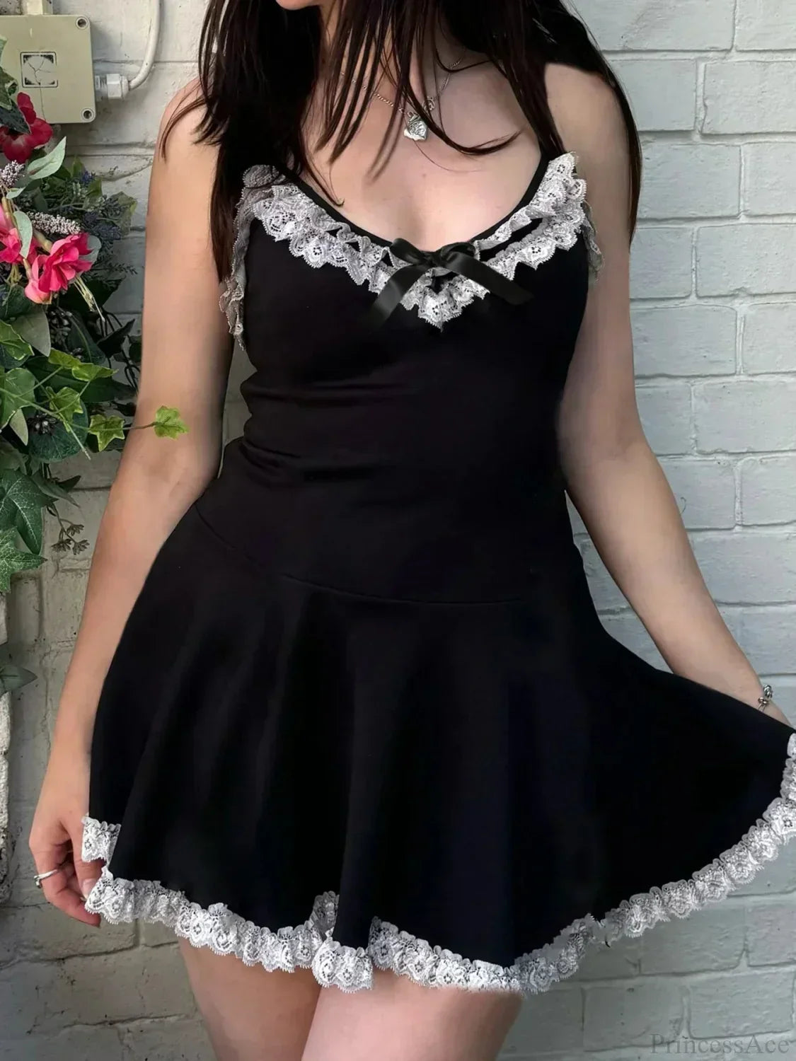 Spaghetti Strap Lace Trim Bow Neck Ruffle Hem A-Line Mini Dress - View 4