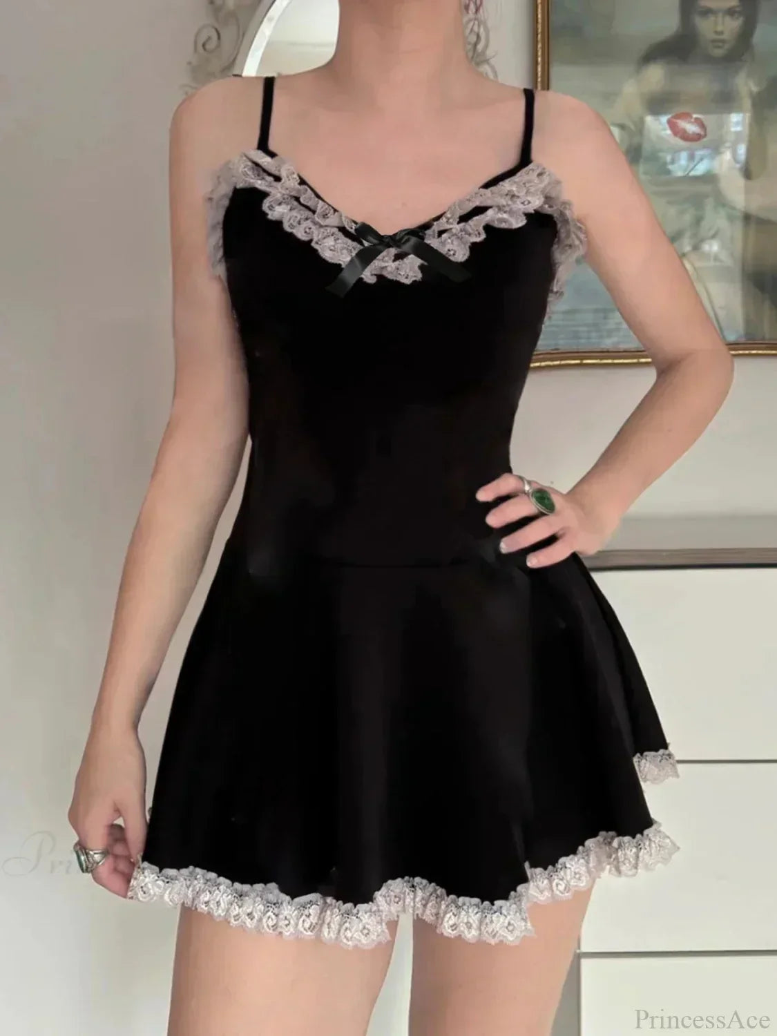 Spaghetti Strap Lace Trim Bow Neck Ruffle Hem A-Line Mini Dress - View 3