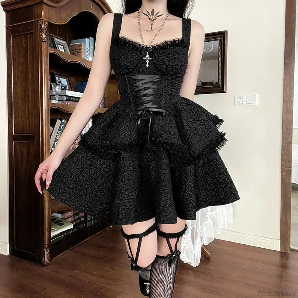 Jacquard Rose Lace Up Corset Tiered Ruffle Hem Mini Dress - View 3