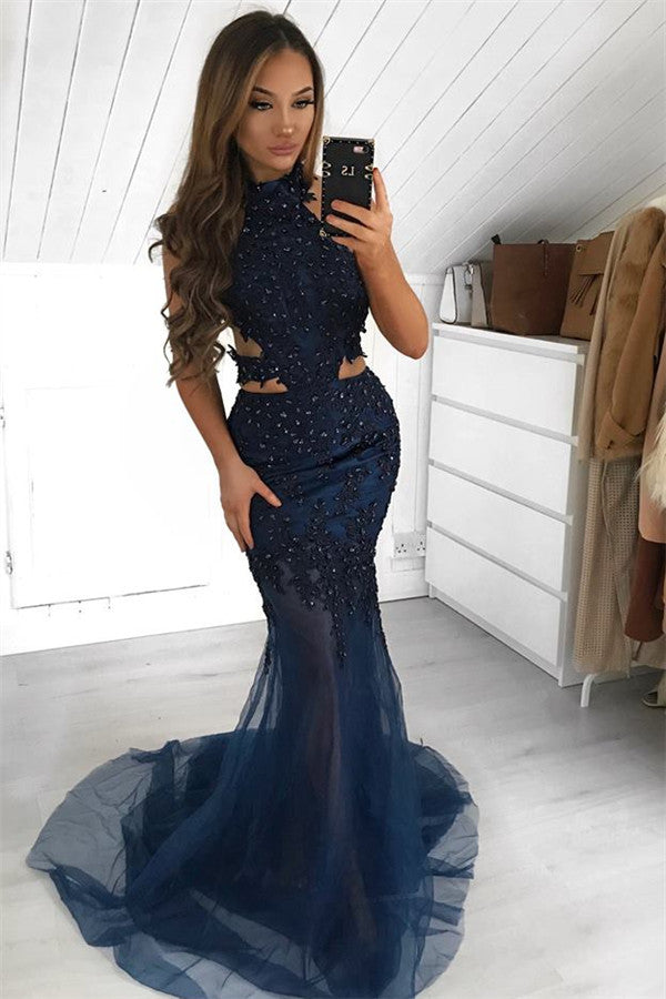 Dark Navy Halter Mermaid Prom Dress Long With Appliques - Fashionpara