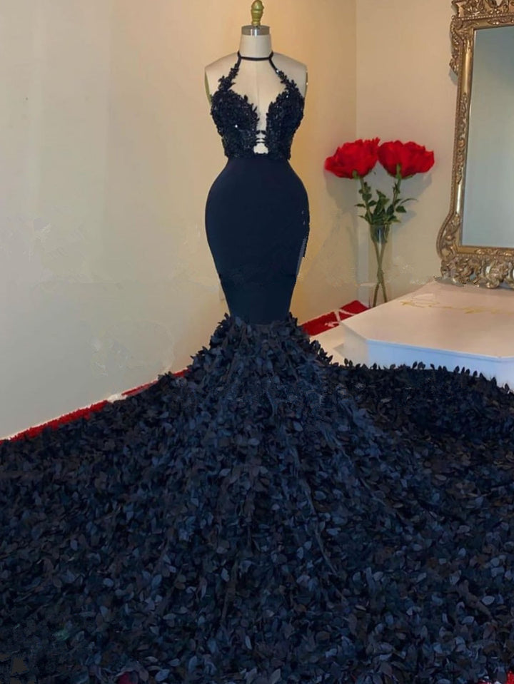 Dark Navy Prom Dress Mermaid Sleeveless With Appliques - Fashionpara