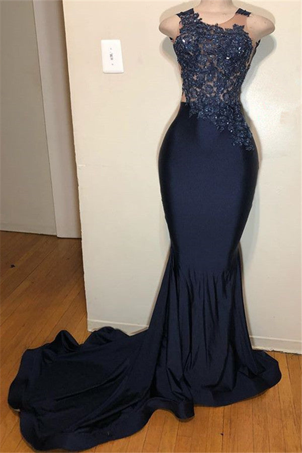Dark Navy Scoop Sleeveless Prom Dress Mermaid Long With Appliques - Fashionpara