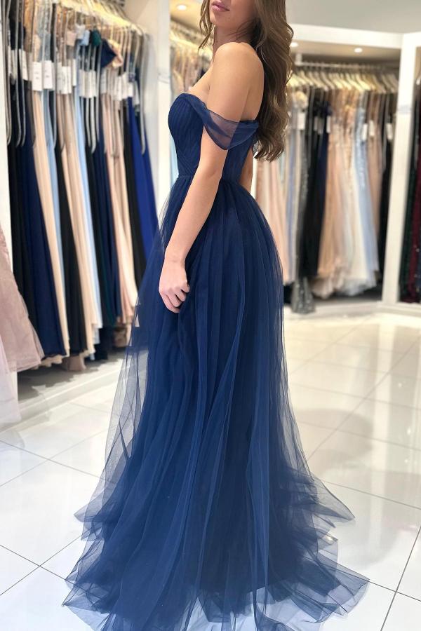 Dark Navy Tulle Prom Dress Long Off-the-Shoulder - Fashionpara