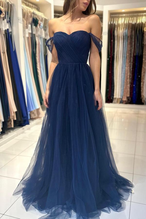 Dark Navy Tulle Prom Dress Long Off-the-Shoulder - Fashionpara