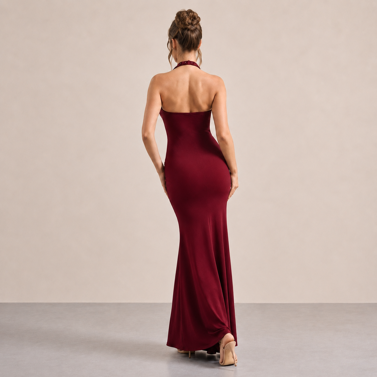 Halter Neck Embellished High Split Bodycon Maxi Gown 6