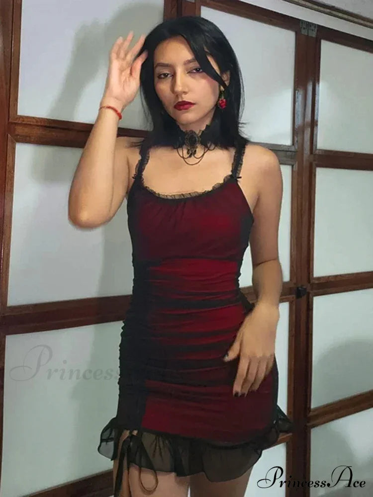 Dark Red Double Mesh Drawstring Ruched Sleeveless Mini Bodycon Vintage Aesthetic Dress