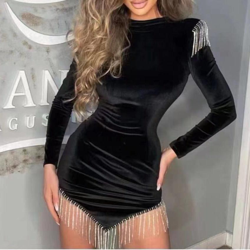 Velvet High Neck Long Sleeve Fringe-Trim Bodycon Mini Dress