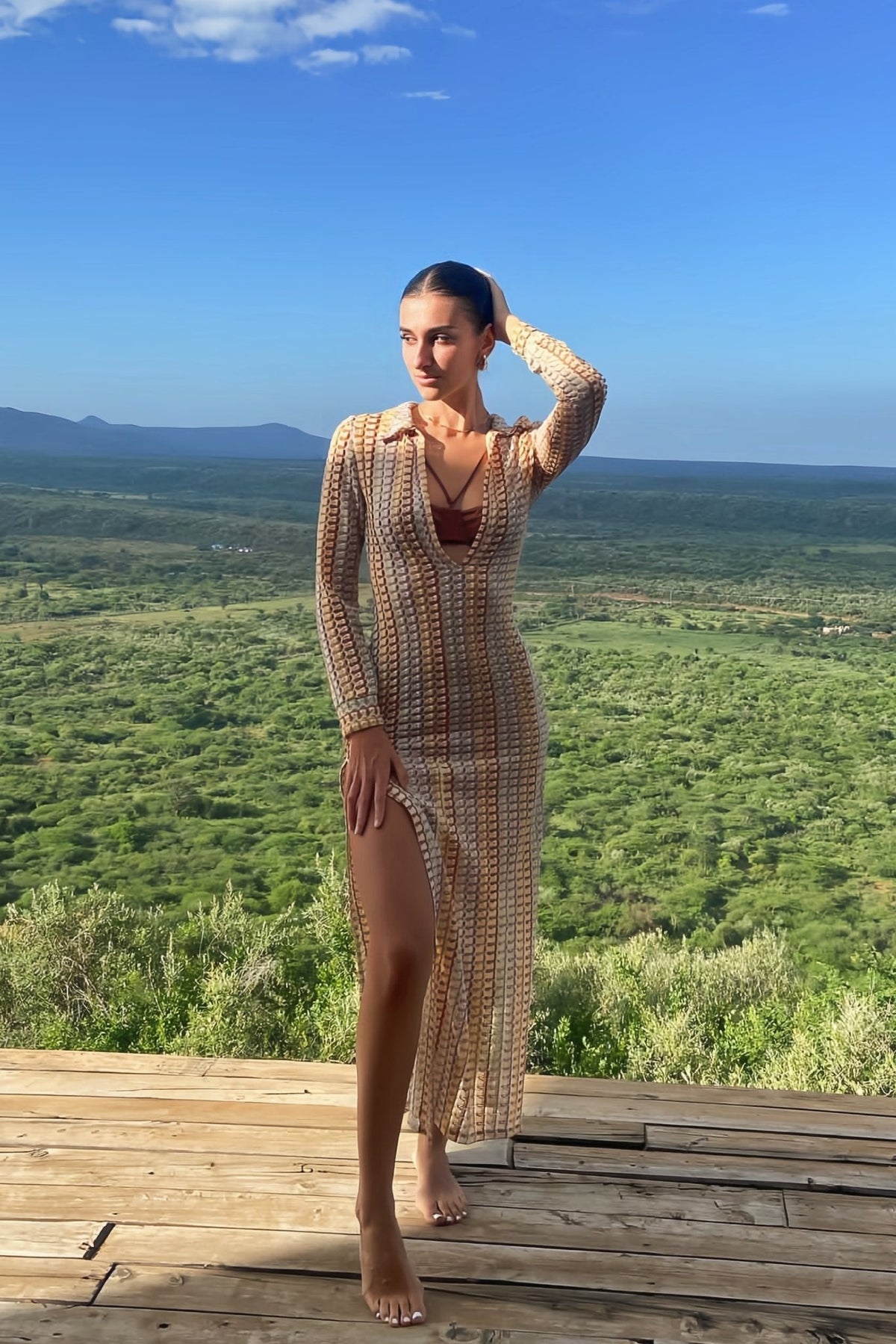 Crochet Collared Deep V-Neck Long Sleeve Open Knit Bodycon Maxi Dress - View 2