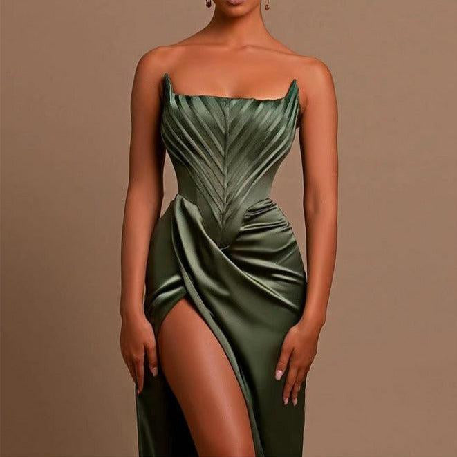 Satin Strapless Corset Ruched High Slit Gown