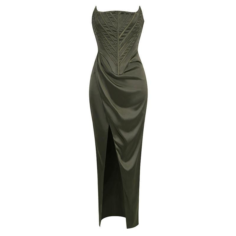 Satin Strapless Corset Ruched High Slit Gown