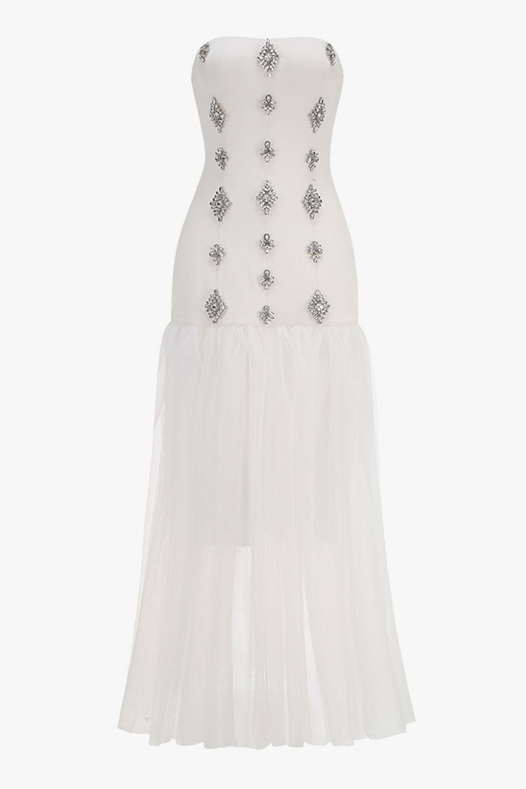 Dazzling Crystal Bandeau Drop Waist Fit & Flare Tulle Evening Maxi Dress