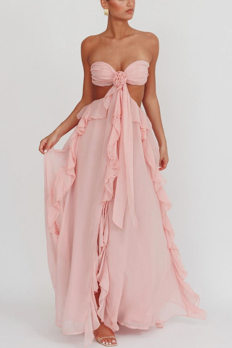 Gorgeous Vacation Halter Rose Detail Cut Out Ruffles Backless Maxi Dress - Fashionpara