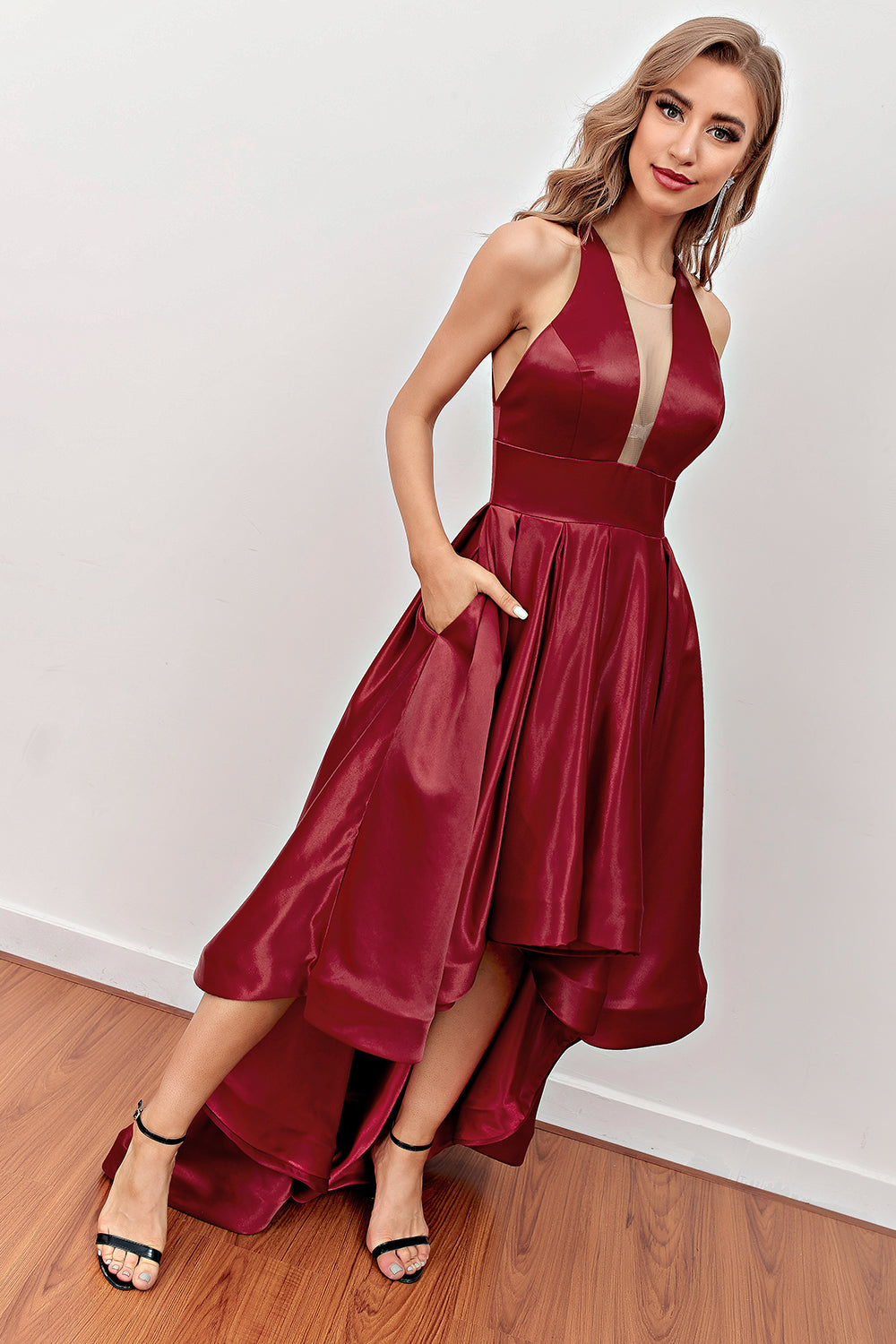 Burgundy High Low Prom Dress with Pockets - Fashionpara