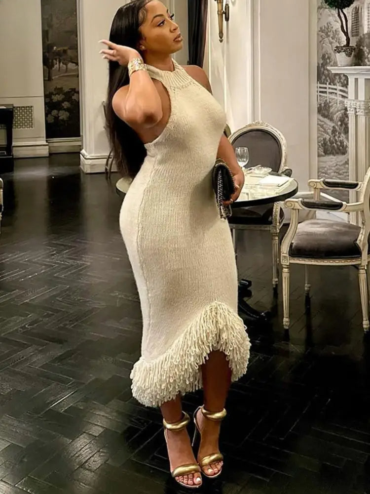 Knit Halter Neck Backless Tassel Fringe Hem Midi Dress