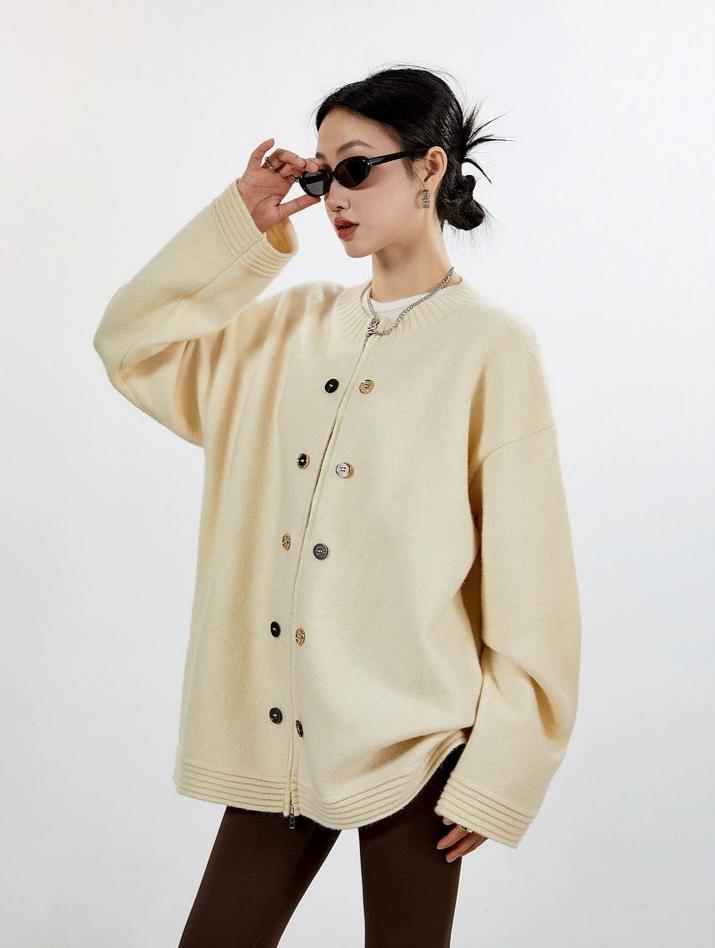 Ribbed Trim Oversized Button Zip Knit Cardigan