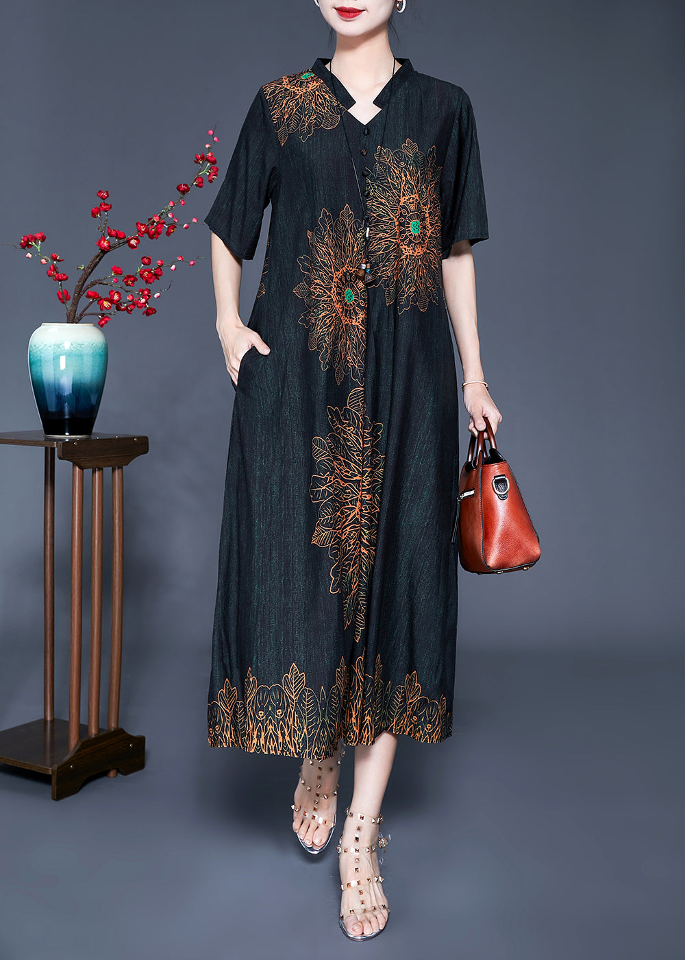 Floral Print Mandarin Collar V-Neck A-Line Midi Dress