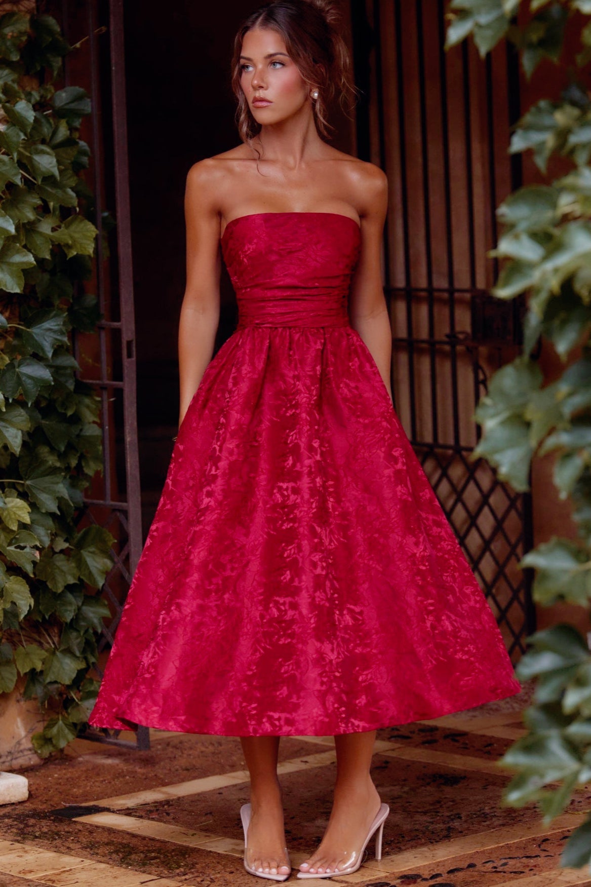 Jacquard Lace-Up Back Party Dress - Fashionpara