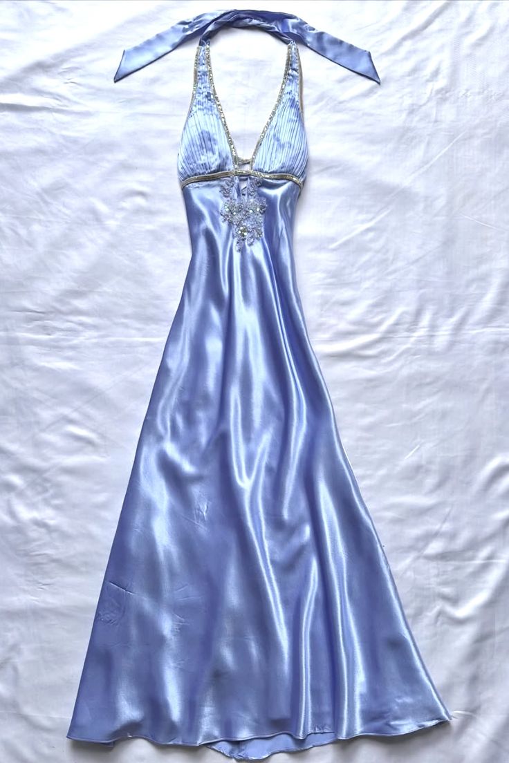 Elegant Blue Satin Prom Dress with Rhinestone Embellishments - Fashionpara