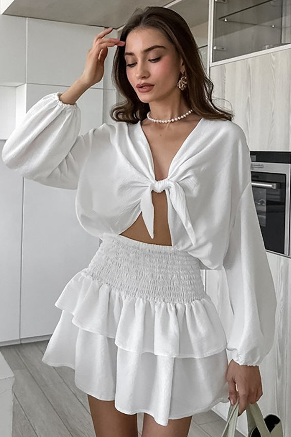 Tie-Front Puff Sleeve Crop Top & Tiered Skirt Set