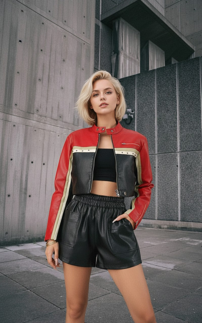 Cropped Moto Faux Leather Coat - Fashionpara