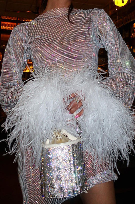 Sequin Mesh Long Sleeve Feather Peplum Waist Mini Cocktail Dress