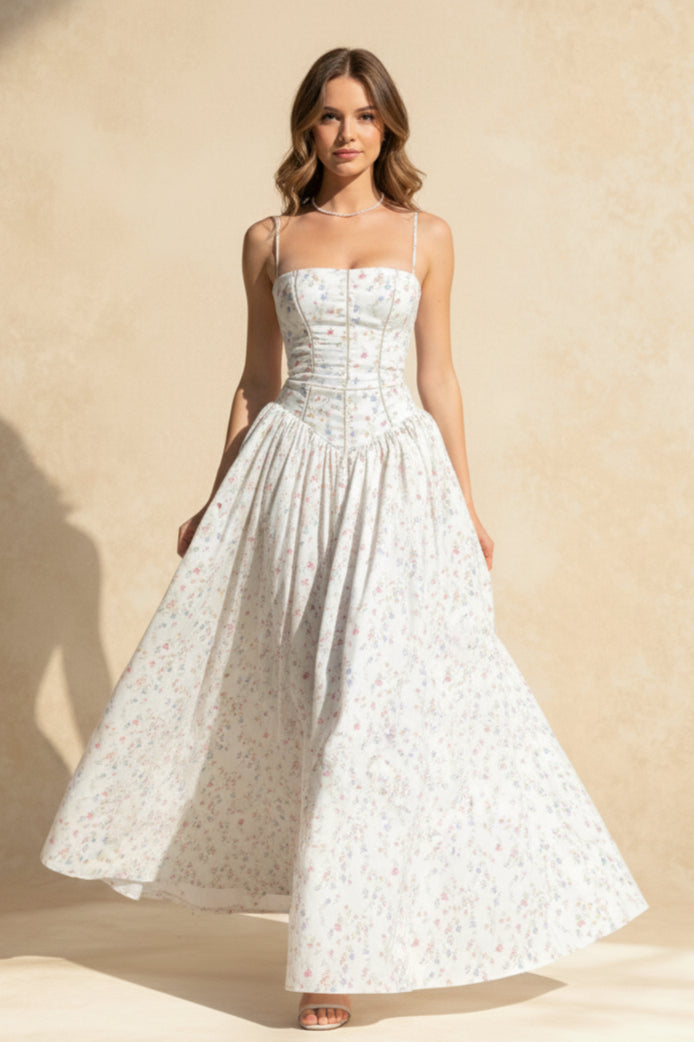 Chiffon Pleated Floral Off Shoulder Maxi Dress