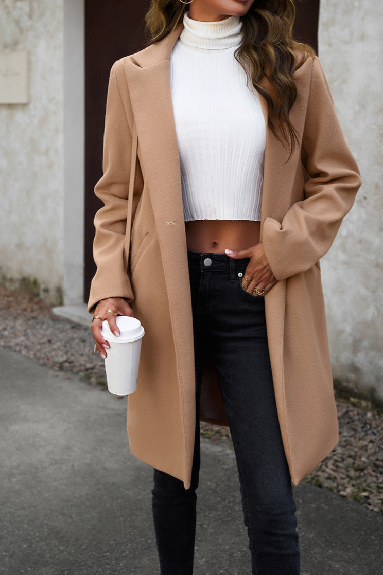 Wool Blend Solid Longline Coat Khaki / S coats