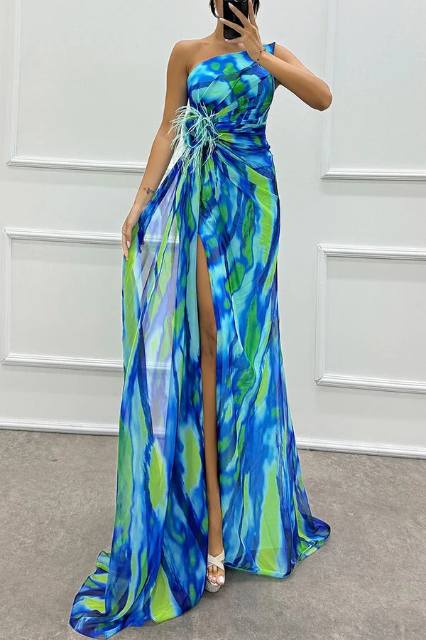 Renee Off Shoulder Watercolor Feather Maxi Dress
