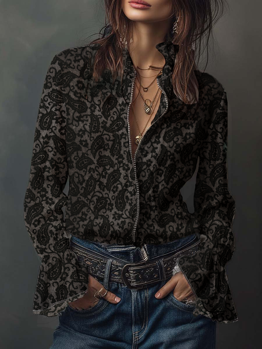 Retro Paisley Flocked Knitted Zipper Blouse - Fashionpara