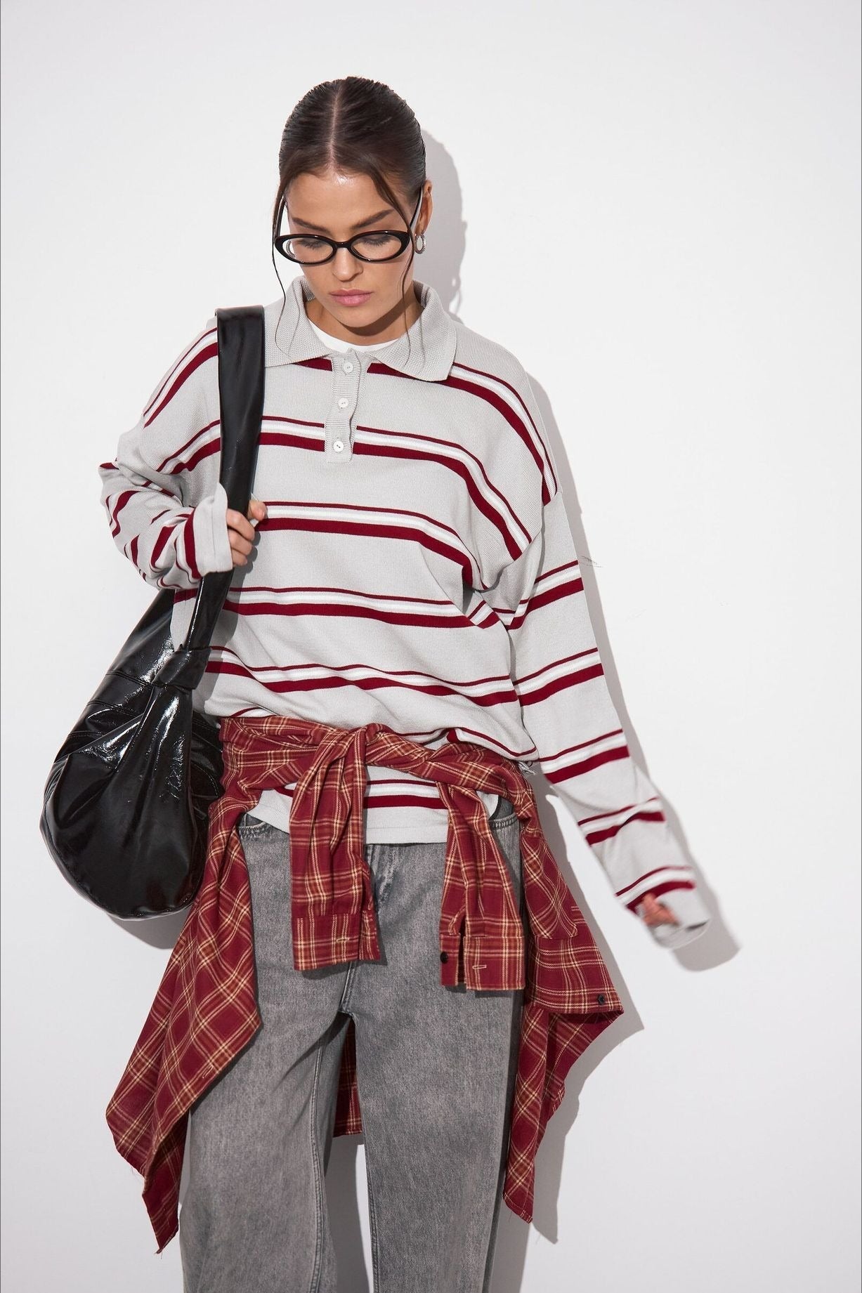 Relaxed Collared Striped Long Sleeve Blouse