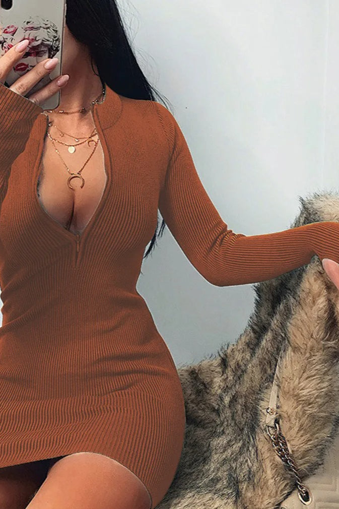 Ribbed Knit Zip-Front Long Sleeve Bodycon Mini Dress